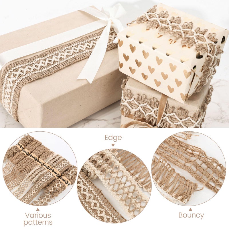 VGOODALL 7 Rolls Burlap Ribbon, Natural Jute Ribbons Lace Mesh Wedding Trim Decor, for DIY Wrapping Gifts Holiday Party Decorations - Image 2